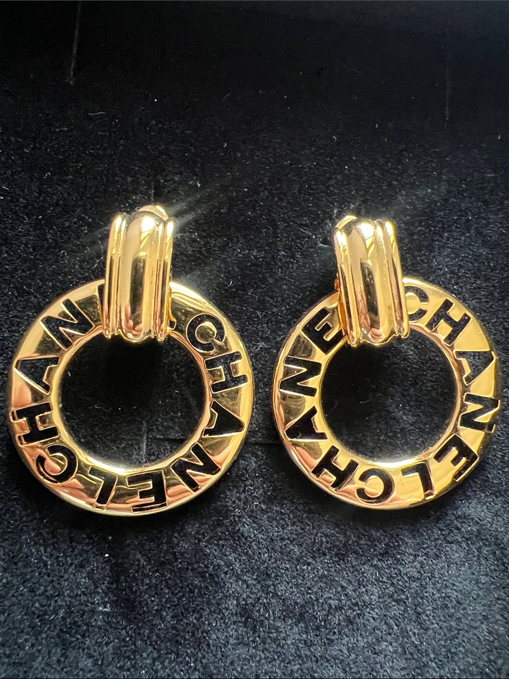 CHANEL Gold Hoop Logo Drop Earrings with Lettering